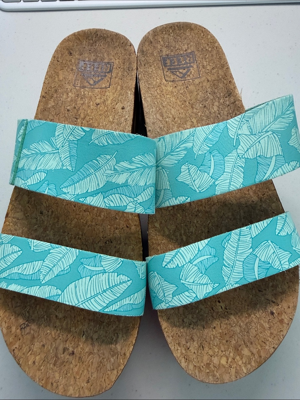 Reef Cork Footbed Slide with Dark Blue Logo